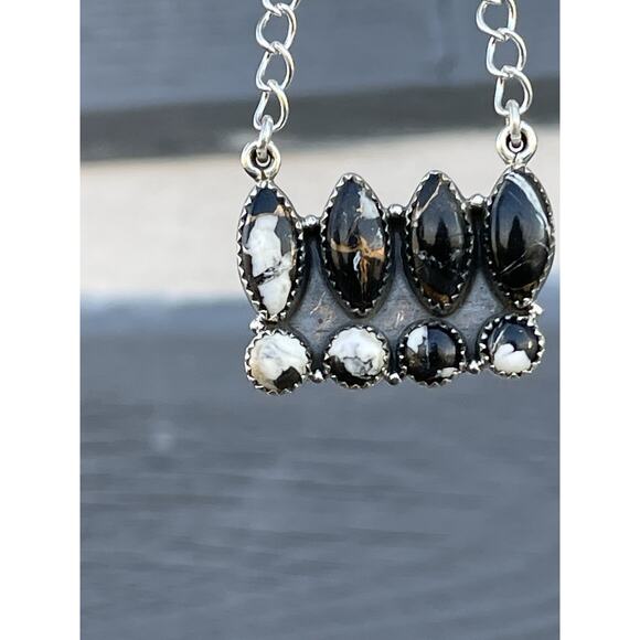 White Buffalo Turquoise Sterling Silver Cluster Necklace Southwestern - Picture 6 of 11